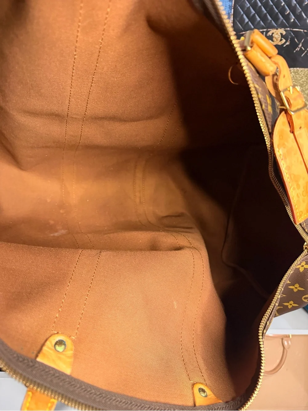 Louis Vuitton Brown Monogram Travel Duffle with Tan Leather Trim